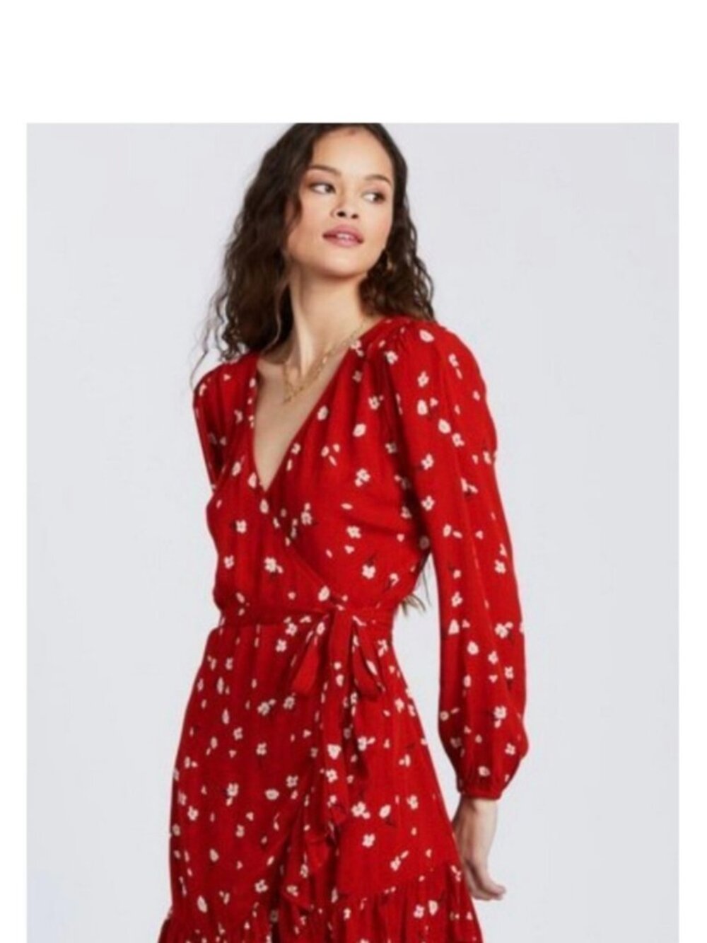 Love Fire Red Long Sleeve Floral Flowy Boho Tie Waist Low V Neck Size S
